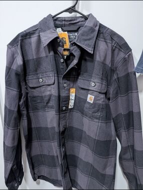Carhartt Men's Black and Gray Plaid Button-Down Shirt